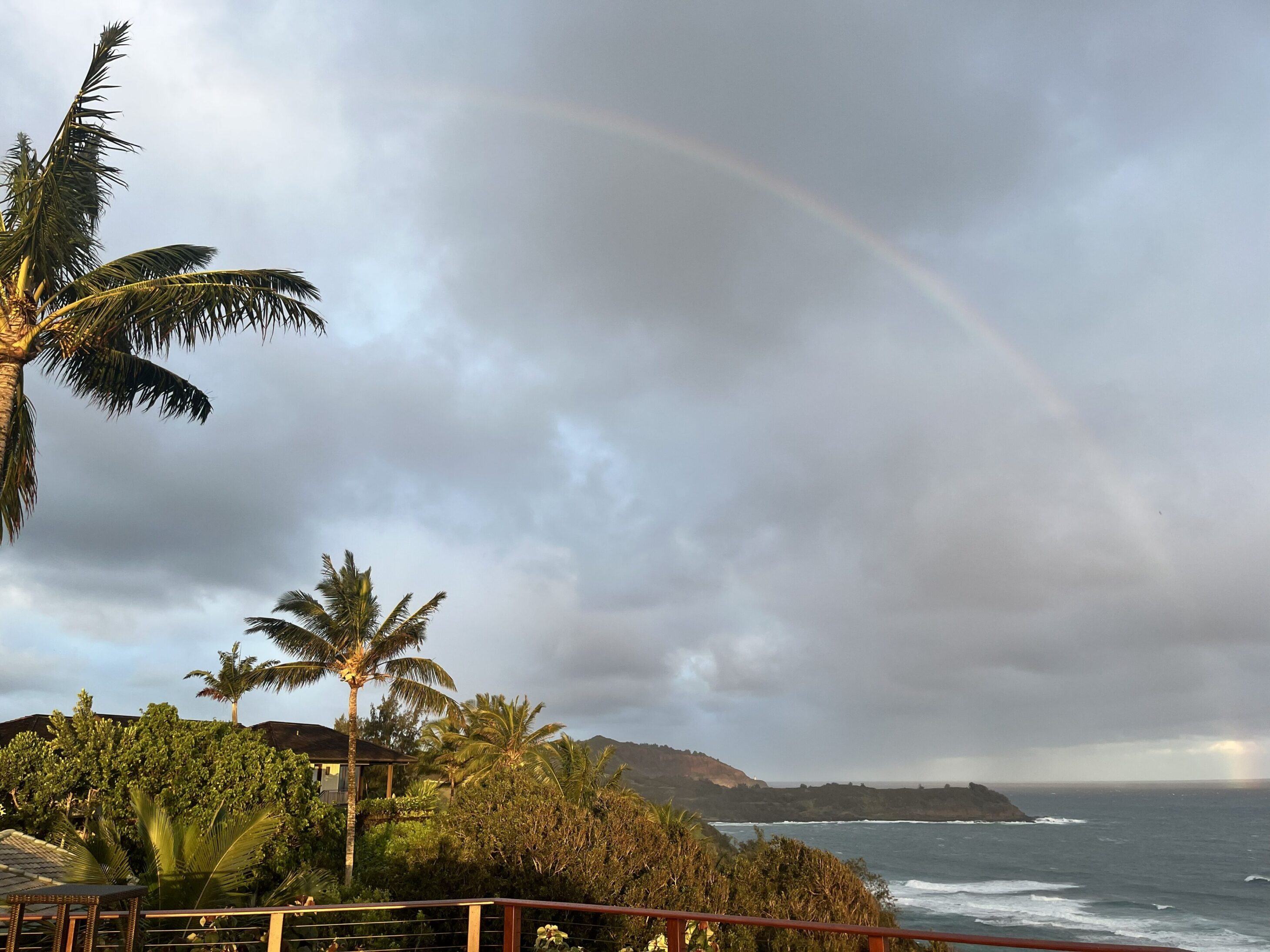 A faint rainbow arches over a coastal landscape with palm trees and hills.
