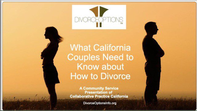 Silhouettes of a couple with text about California divorce information.